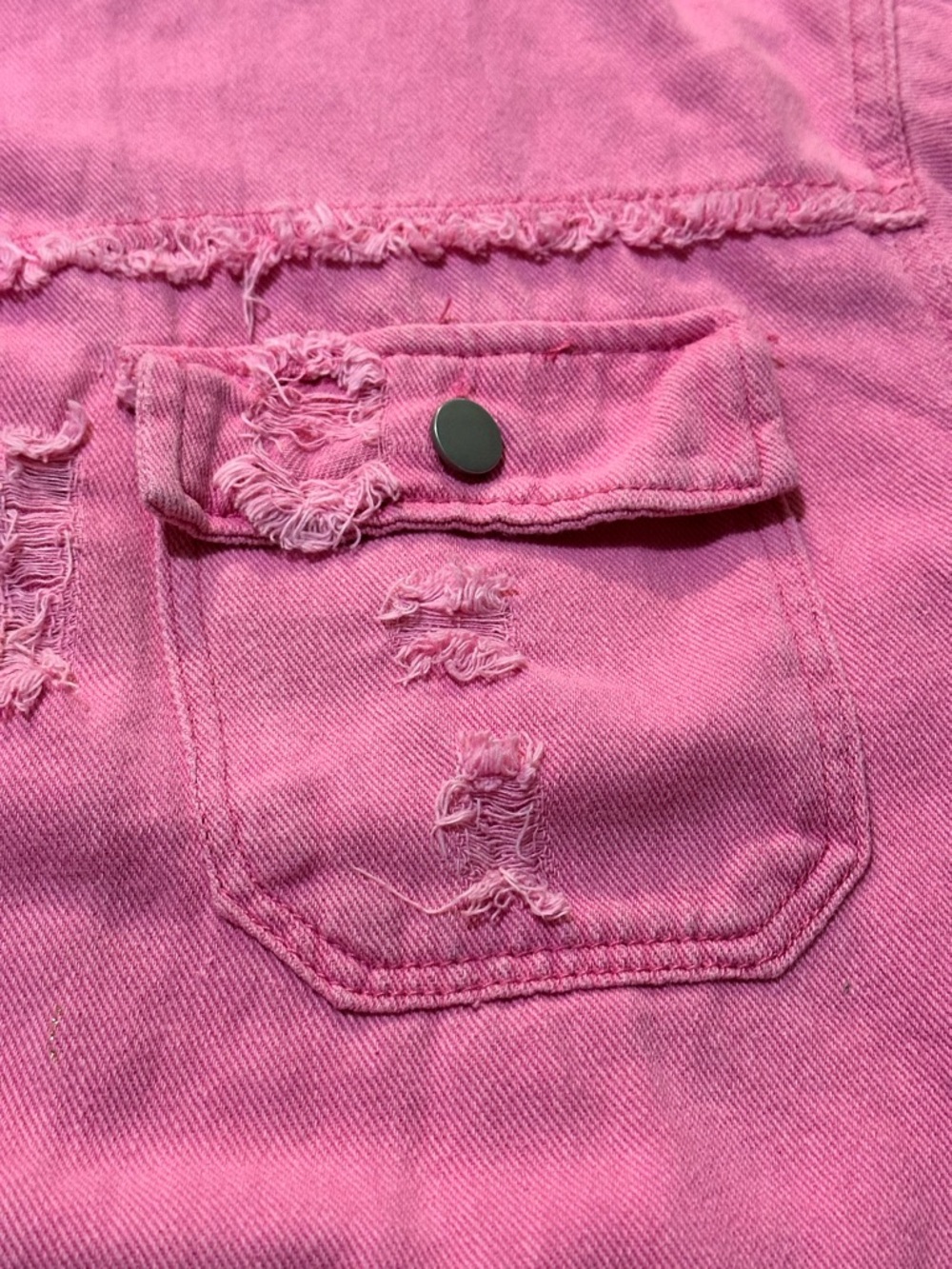 Pink ripped distressed denim casual boyfriend jean jacket fringe size X-Large - Picture 5 of 11